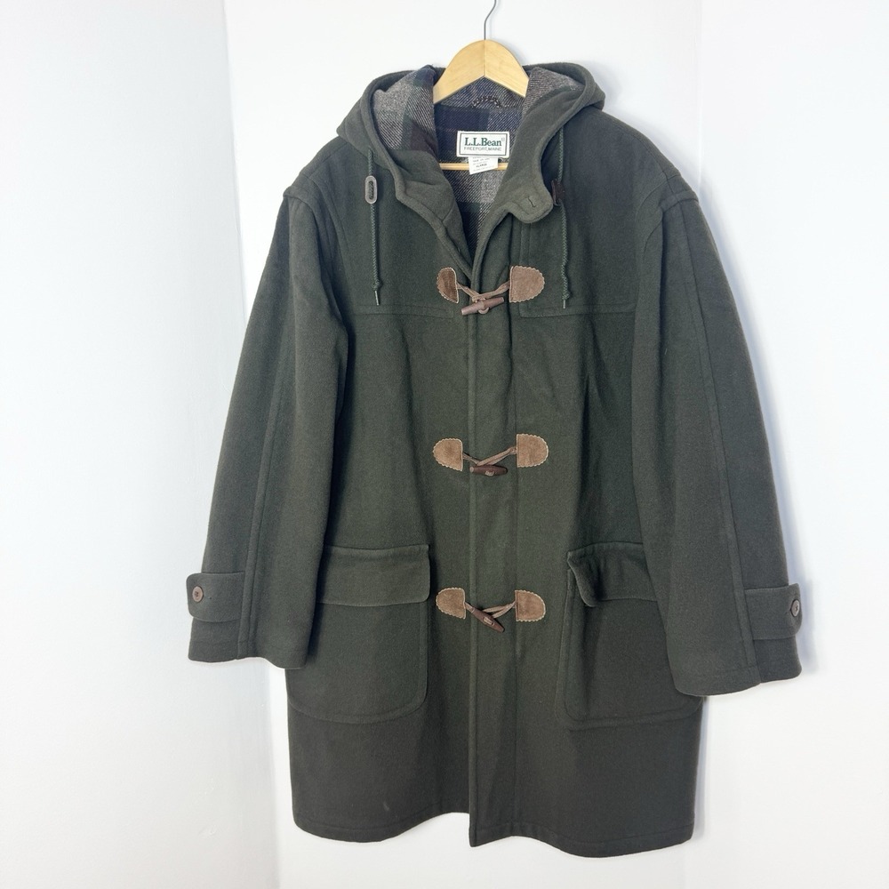 Vintage LL Bean Mens XL Wool Duffle Coat USA Insulated Hooded Toggle Green Lined